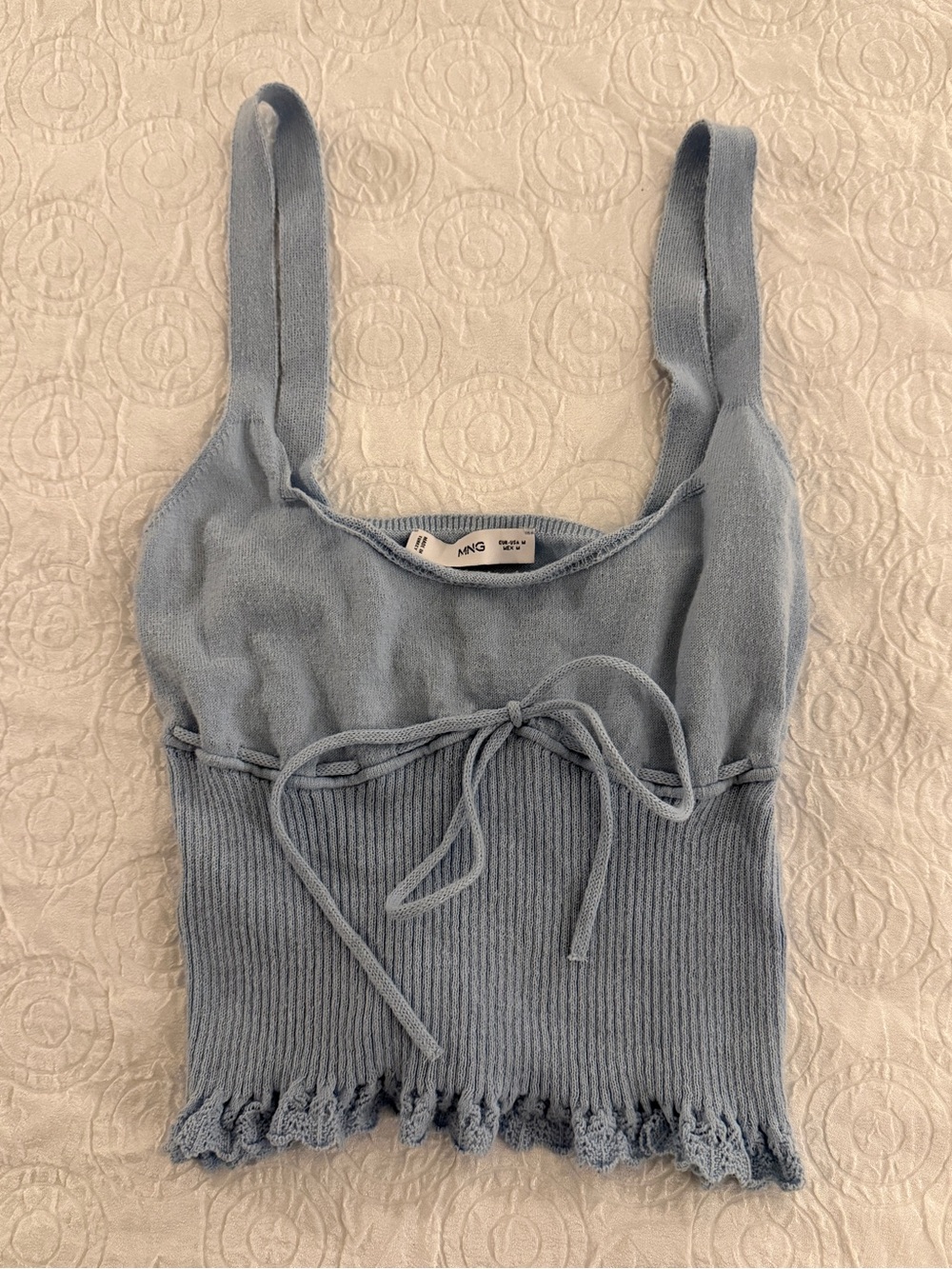 Light Blue Tank Knit Cropped Cami Top Ruffle Hem Tie Waist Women’s Medium Knit